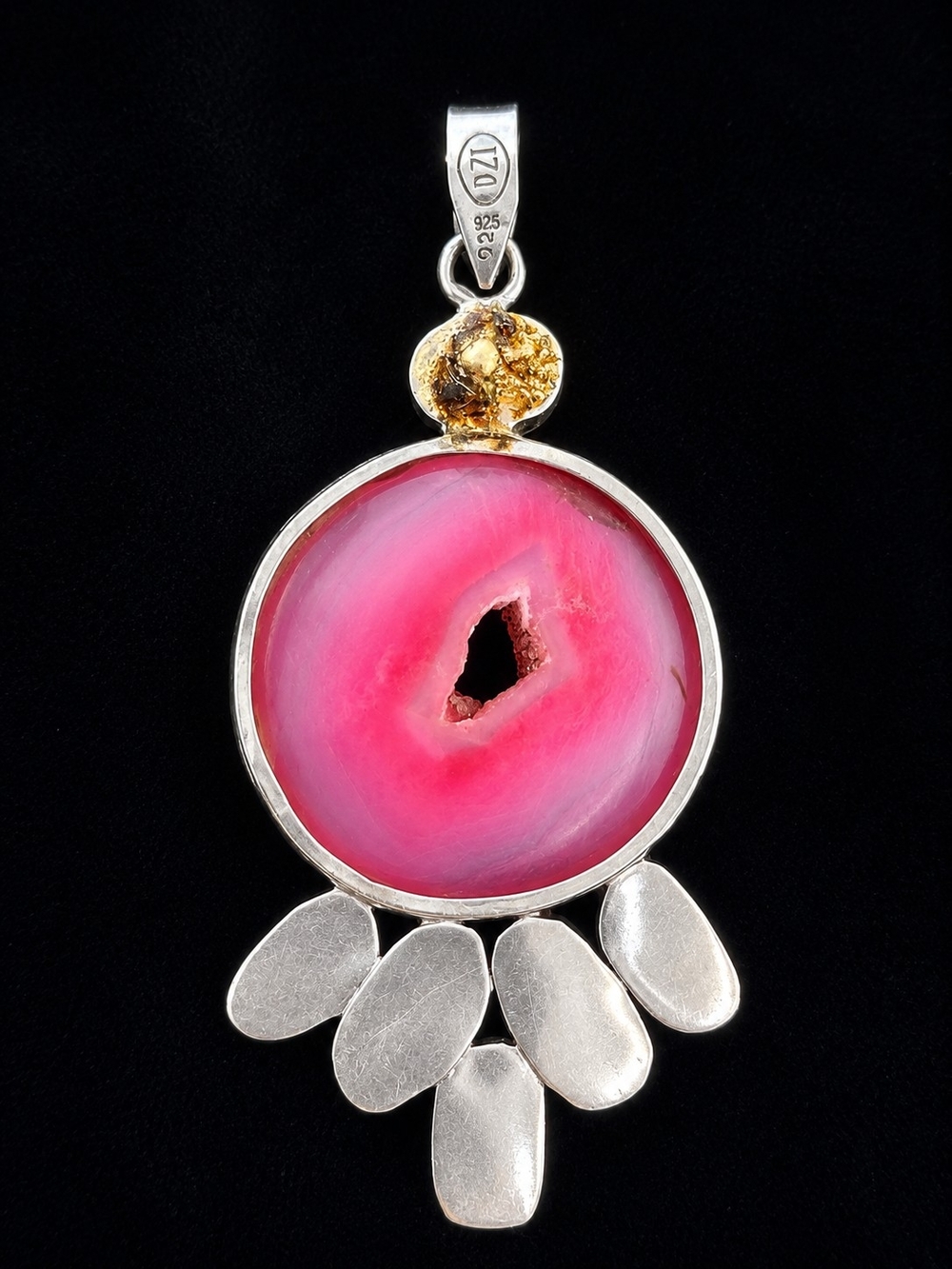 Vintage DZI 925 Sterling Silver Pink Agate Geode & Gemstone Statement Pendant - Picture 4 of 5